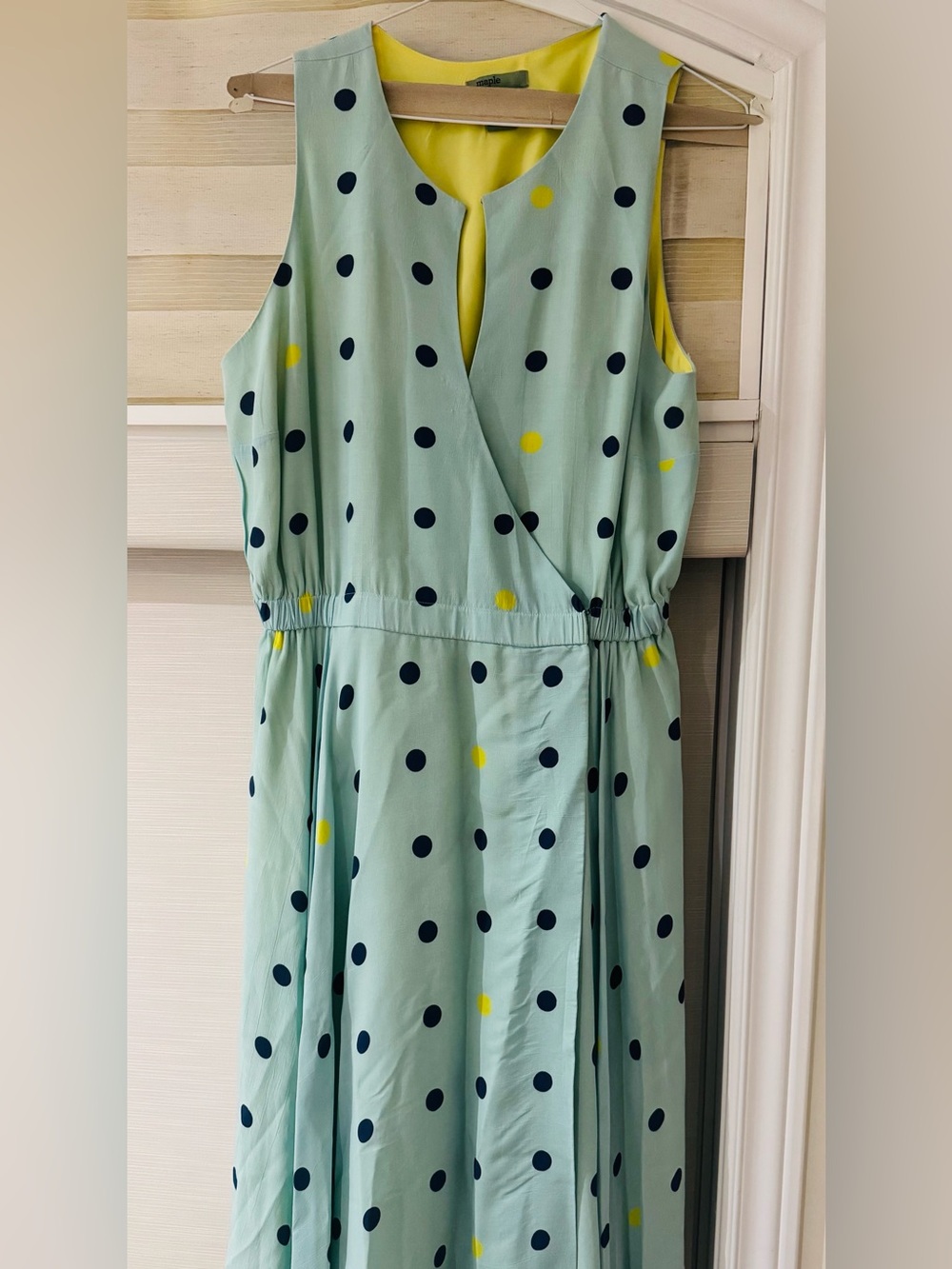 Light Blue Polka Dot Wrap Dress with Navy and Yellow Dots and Peekthrough detail
